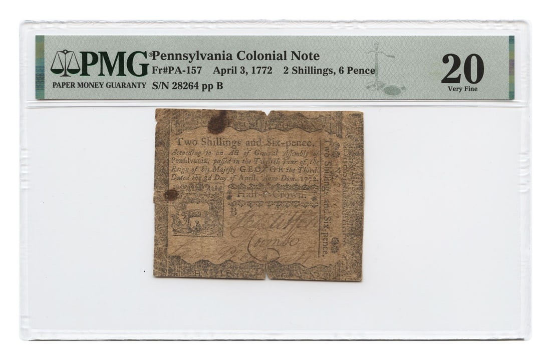 1772 Pennsylvania Colonial Note 2 Shillings 6 Pence PMG Certified: 1772 Pennsylvania Colonial Note 2 Shillings 6 Pence PMG Certified This is a Pennsylvania Colonial Note issued on April 3, 1772, with a denomination of 2 Shillings and 6 Pence. The note has been graded