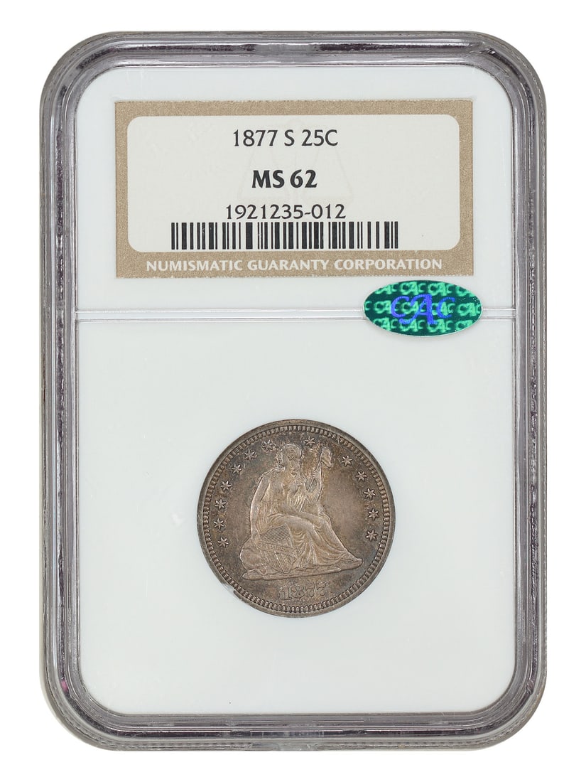 NGC CAC 1877-S Liberty Seated Quarter MS62: NGC CAC 1877-S Liberty Seated Quarter MS62 This is an 1877-S Liberty Seated Quarter graded MS62 by NGC and verified by CAC. The coin is uncirculated and originates from the San Francisco Mint. It belo
