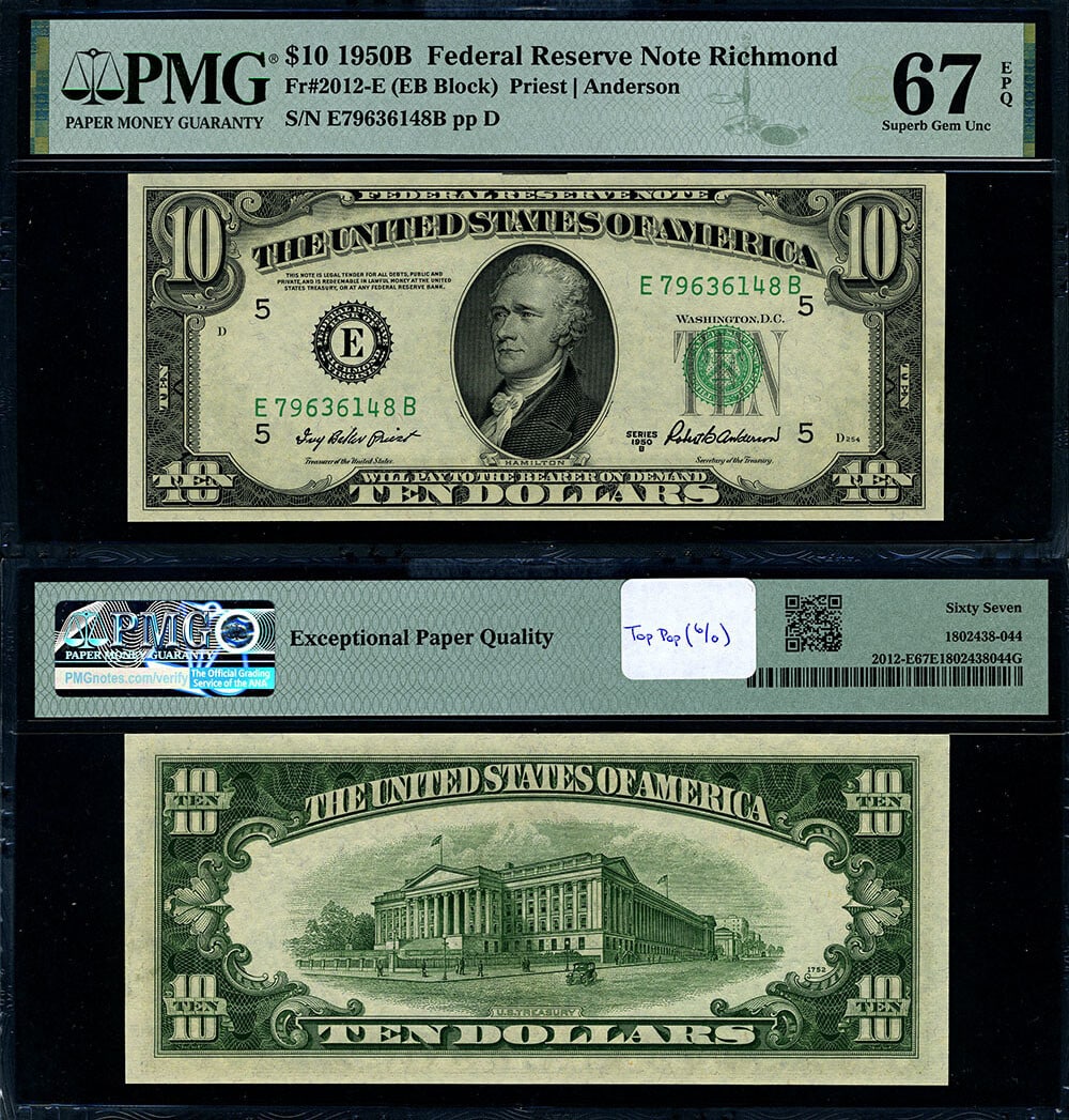 1950-B $10 Federal Reserve Note Richmond PMG CU67 EPQ: 1950-B $10 Federal Reserve Note Richmond PMG CU67 EPQ This uncirculated 1950-B $10 Federal Reserve Note from the Richmond district features a superb gem quality with a PMG grading of CU67 EPQ. Renowne
