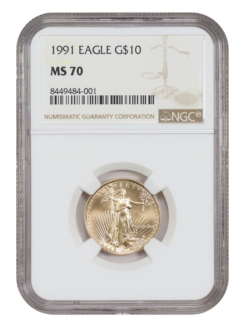 1991 Philadelphia $10 American Gold Eagle NGC MS70: 1991 Philadelphia $10 American Gold Eagle NGC MS70 This is a 1991 $10 Gold Eagle coin certified by NGC with a grade of MS70. Struck at the Philadelphia Mint, this pre-owned coin is a part of the Gold 