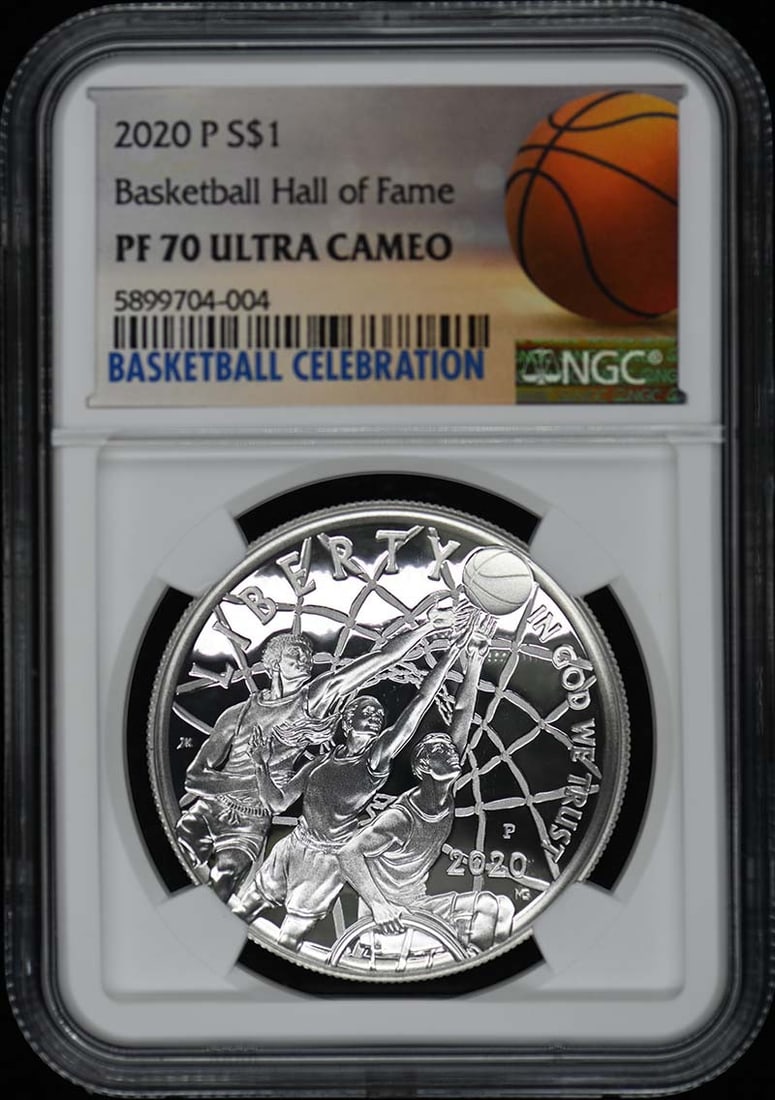 2020 P Basketball Hall of Fame S$1 Coin NGC PR70DCAM: 2020 P Basketball Hall of Fame S$1 Coin NGC PR70DCAM This 2020 P Basketball Hall of Fame silver dollar coin is certified by NGC with a perfect grade of PR70DCAM, indicating its pristine condition. It 