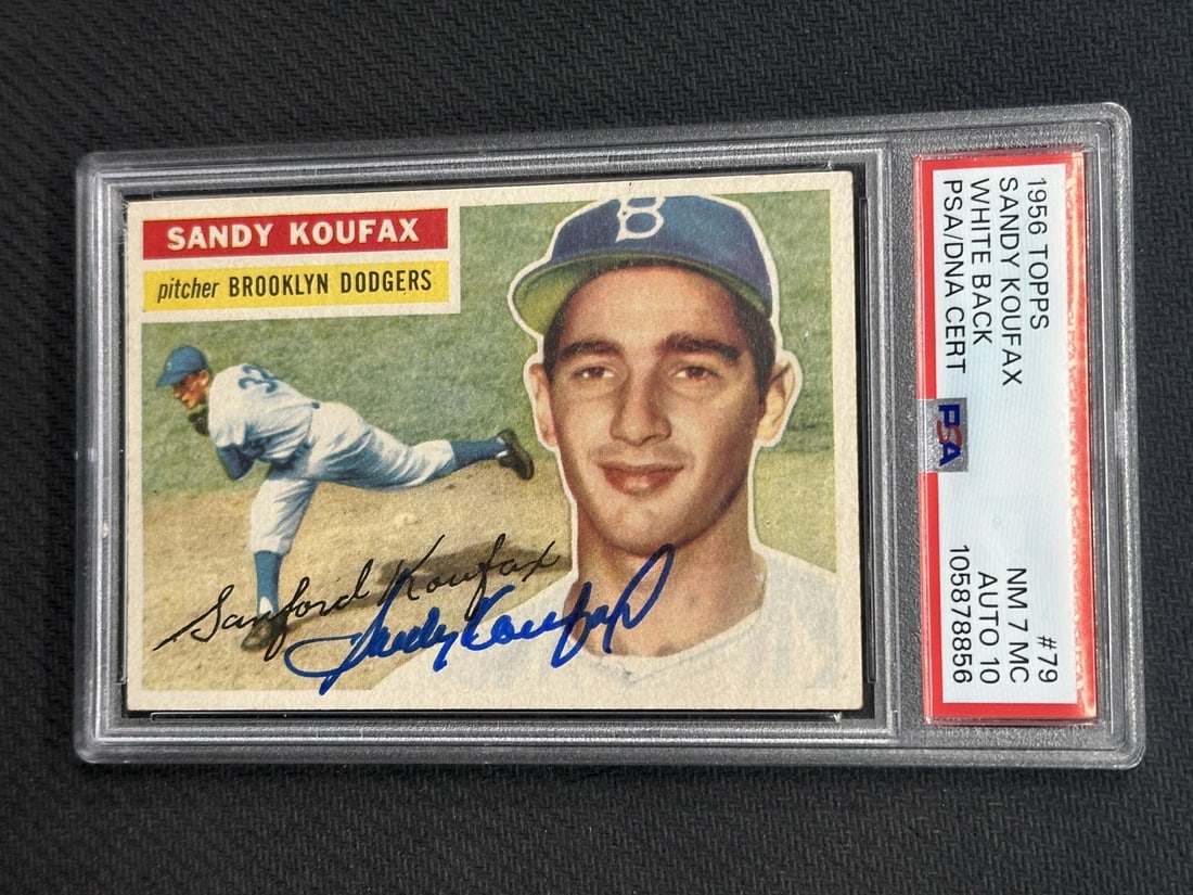 Sandy Koufax 1956 Topps White Back Signed PSA 7 Auto 10: Sandy Koufax 1956 Topps White Back Signed PSA 7 Auto 10 This 1956 Topps White Back baseball card features the legendary Sandy Koufax, a prominent player for the Los Angeles Dodgers. Graded by Professi