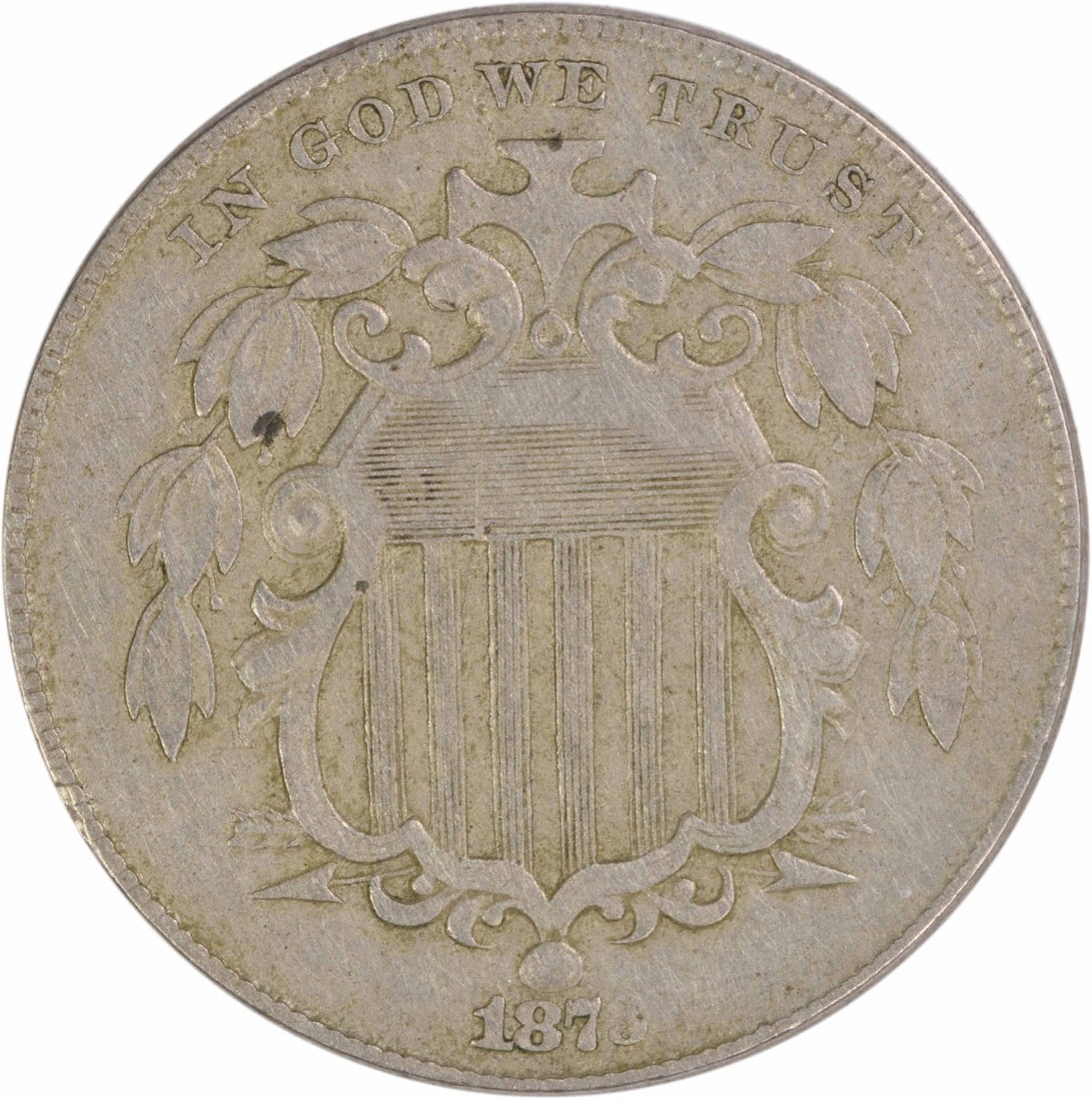 1873 Open 3 Shield Nickel Five Cent Coin Extra Fine Uncertified: 1873 Open 3 Shield Nickel Five Cent Coin Extra Fine Uncertified This is an 1873 Shield Nickel with the Open 3 variety, featuring a design by James Barton Longacre. The coin is circulated and graded EF