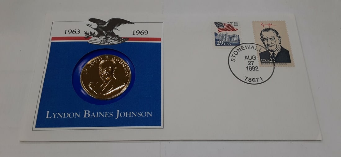 Bronze Lyndon B. Johnson Medal First Day Cover Hail to The Chiefs Series: Bronze Lyndon B. Johnson Medal First Day Cover Hail to The Chiefs Series This Lyndon B. Johnson Presidential Medal is presented in a First Day Cover as part of the White House Historical Association a