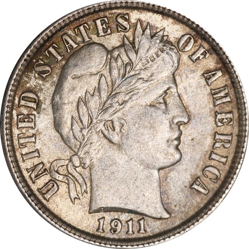1911 Silver Dime Barber Series Philadelphia Mint Coin: 1911 Silver Dime Barber Series Philadelphia Mint Coin This is a 1911 Barber Dime struck at the Philadelphia Mint. The coin is composed of silver and is in circulated, pre-owned condition. It is uncert