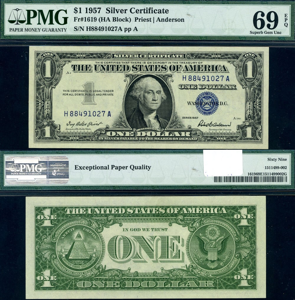 1957 $1 Silver Certificate H-A Block PMG 69 EPQ Rare Gem: 1957 $1 Silver Certificate H-A Block PMG 69 EPQ Rare Gem This is a 1957 Silver Certificate, FR. 1619, with the H-A block designation. It features a grade of 69 EPQ, classified as a Superb Gem by PMG, 