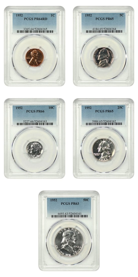 1952 PCGS Proof Set 5 Coins Philadelphia PR63-66 (1 of 4)