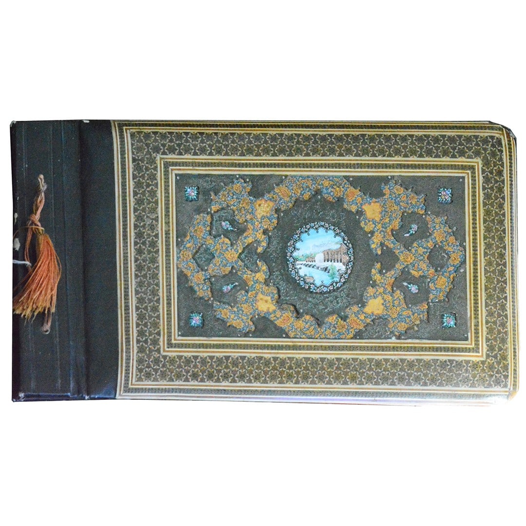 Middle East Wood Album Hand Painted Enameled 16 x 8.5: Middle East Wood Album Hand Painted Enameled 16 x 8.5 This antique album from the early 20th century features a hand-painted and enameled wooden cover, showcasing intricate designs typical of Persian 