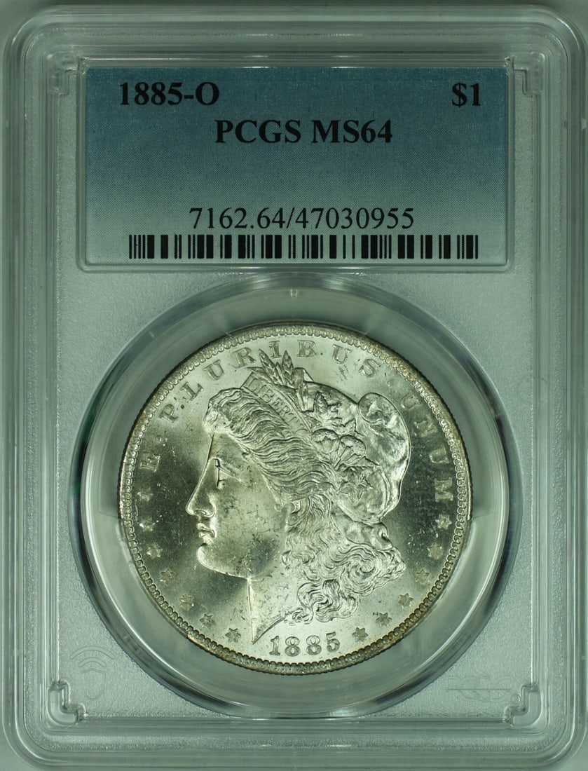 PCGS MS-64 1885-O New Orleans Morgan Silver Dollar $1 Coin: PCGS MS-64 1885-O New Orleans Morgan Silver Dollar $1 Coin This is an 1885-O Morgan Silver Dollar coin, certified by PCGS with a grade of MS-64. Struck at the New Orleans Mint, this uncirculated coin 