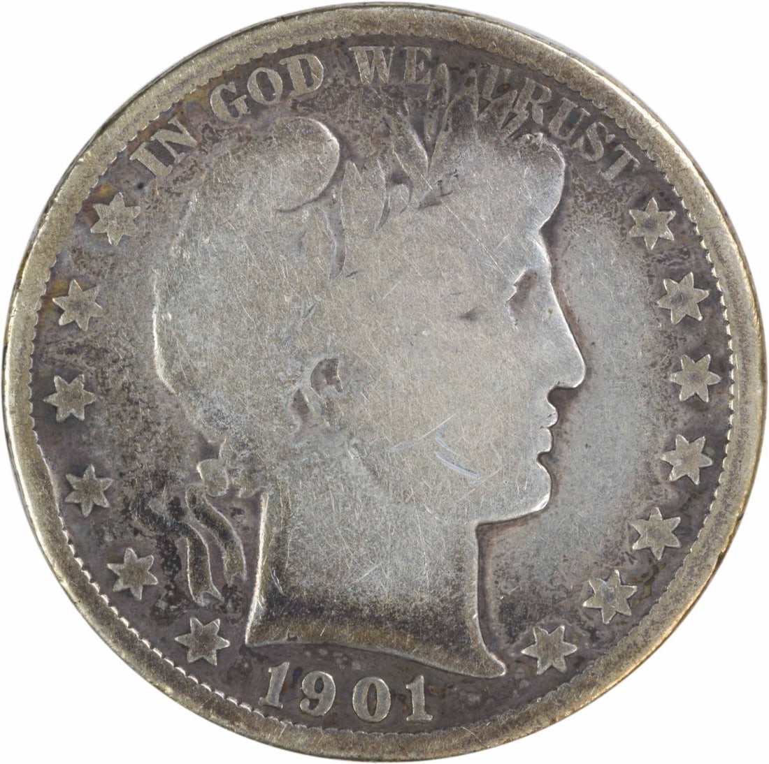 Barber Half Dollar 1901 San Francisco Mint 90 Percent Silver Uncertified Coin: Barber Half Dollar 1901 San Francisco Mint 90 Percent Silver Uncertified Coin This 1901-S Barber Half Dollar is a circulated coin from the San Francisco Mint, featuring the classic design by Charles E