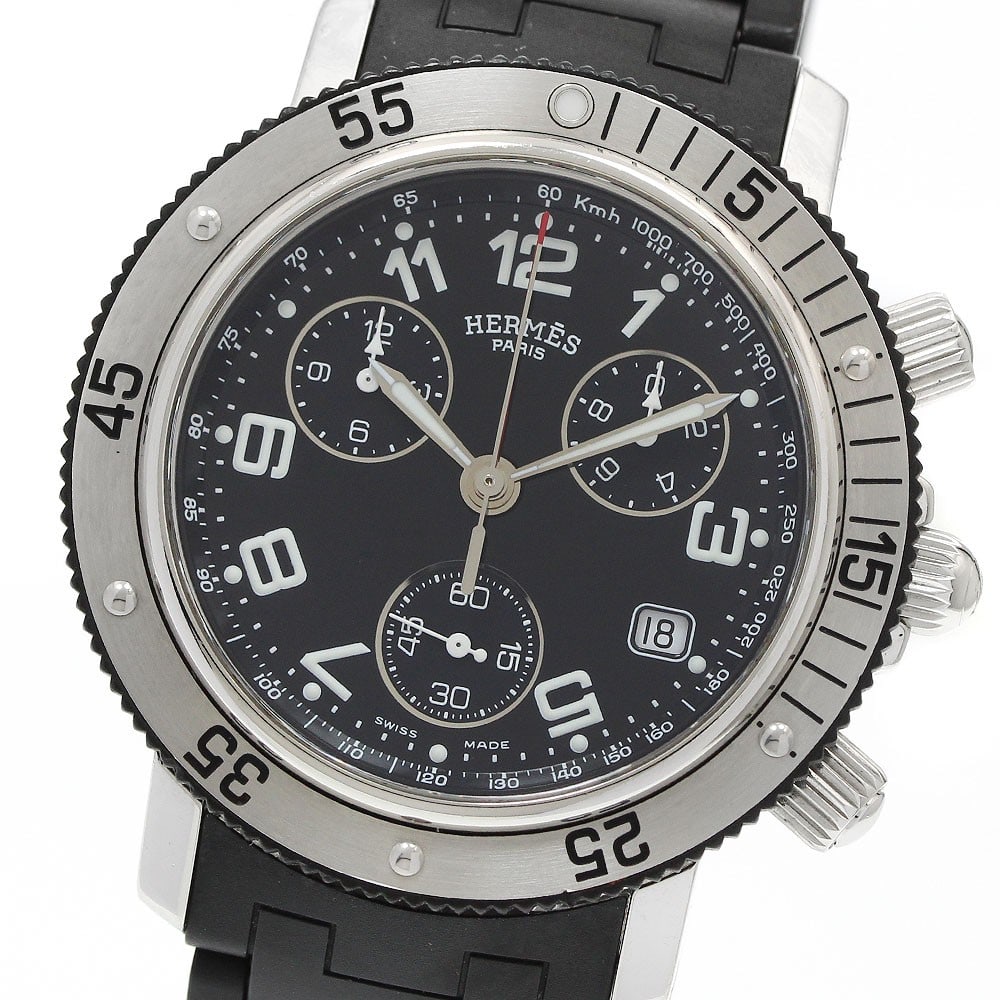 Hermes Clipper Diver CL2.915 Quartz Chronograph Men's Watch: Hermes Clipper Diver CL2.915 Quartz Chronograph Men's Watch This Hermes CL2.915 Clipper Diver Chronograph is a pre-owned men's wristwatch featuring a stainless steel case and a black dial. The watch i