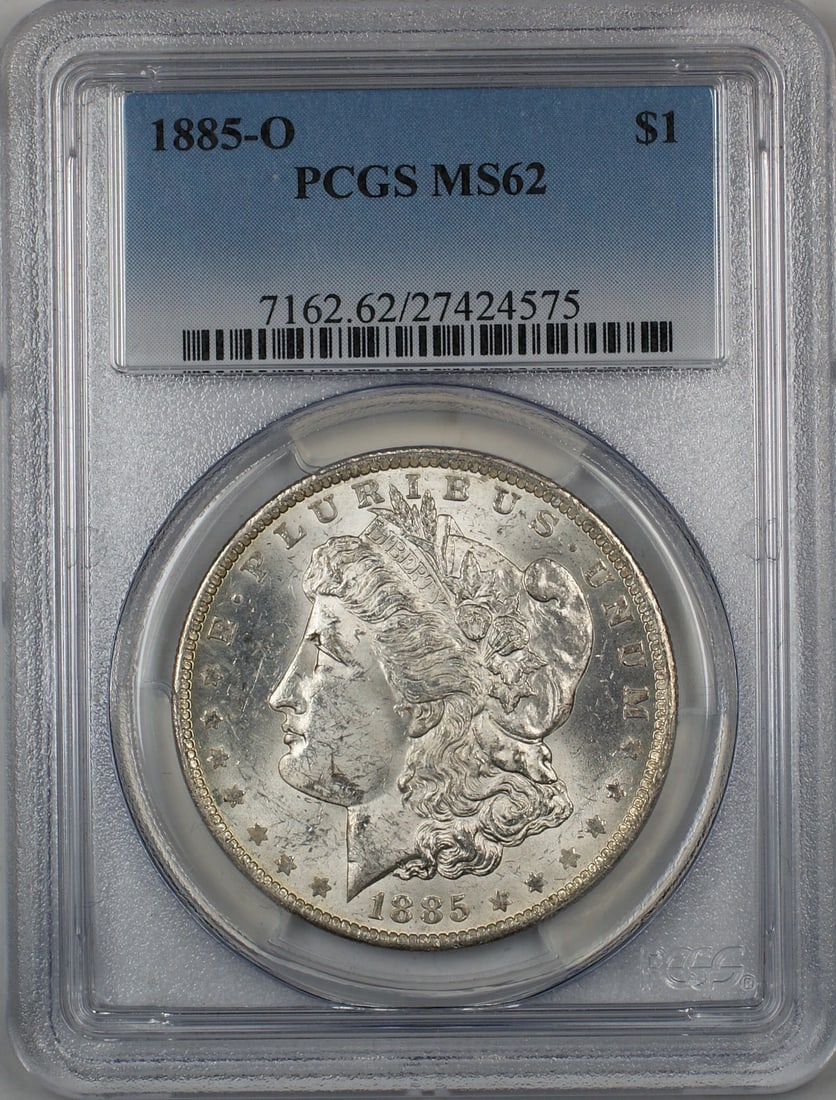 PCGS MS-62 1885-O Morgan Silver Dollar Uncirculated New Orleans Mint: PCGS MS-62 1885-O Morgan Silver Dollar Uncirculated New Orleans Mint This 1885-O Morgan Silver Dollar is certified by PCGS with a grade of MS-62. Struck at the New Orleans Mint, this uncirculated coin