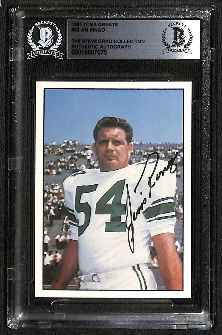 1981 TCMA Football Greats #52 Jim Ringo Autographed Card Beckett Authenticated: 1981 TCMA Football Greats #52 Jim Ringo Autographed Card Beckett Authenticated This is an autographed 1981 TCMA Football Greats trading card featuring Jim Ringo, a former player for the Green Bay Pack