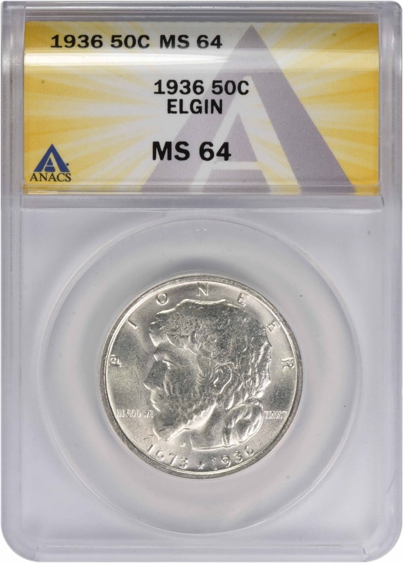1936 Eglin 90 Percent Silver Half Dollar ANACS MS64 Commemorative Coin: 1936 Eglin 90 Percent Silver Half Dollar ANACS MS64 Commemorative Coin This 1936 Eglin Commemorative Half Dollar is graded MS64 by ANACS. Minted in Philadelphia, the coin is uncirculated and composed 