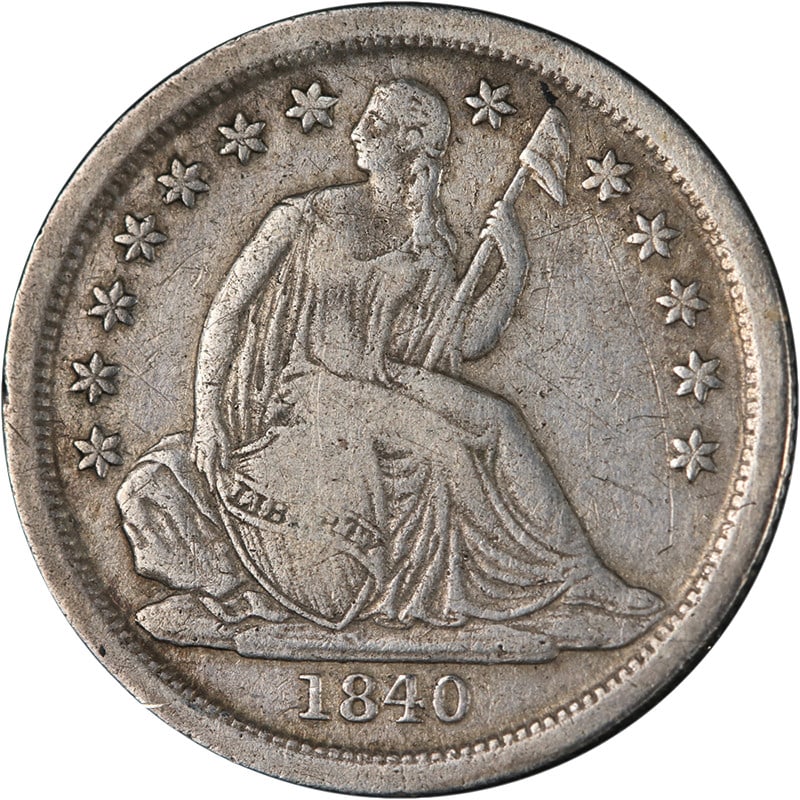 1840 O Seated Liberty Silver Dime No Drapery Choice VF: 1840 O Seated Liberty Silver Dime No Drapery Choice VF This 1840-O Seated Liberty Dime features the No Drapery variety and is graded Choice Very Fine (VF). Struck in silver with a fineness of 0.9 at t