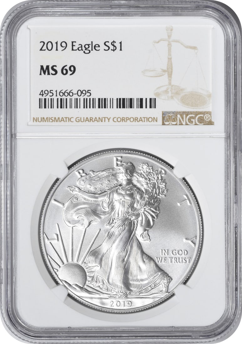 NGC MS69 2019 Silver American Eagle 1 oz Coin: NGC MS69 2019 Silver American Eagle 1 oz Coin This 2019 American Silver Eagle Dollar is graded MS69 by NGC. Struck by the U.S. Mint, it contains 1 oz of .999 fine silver and features the iconic Americ