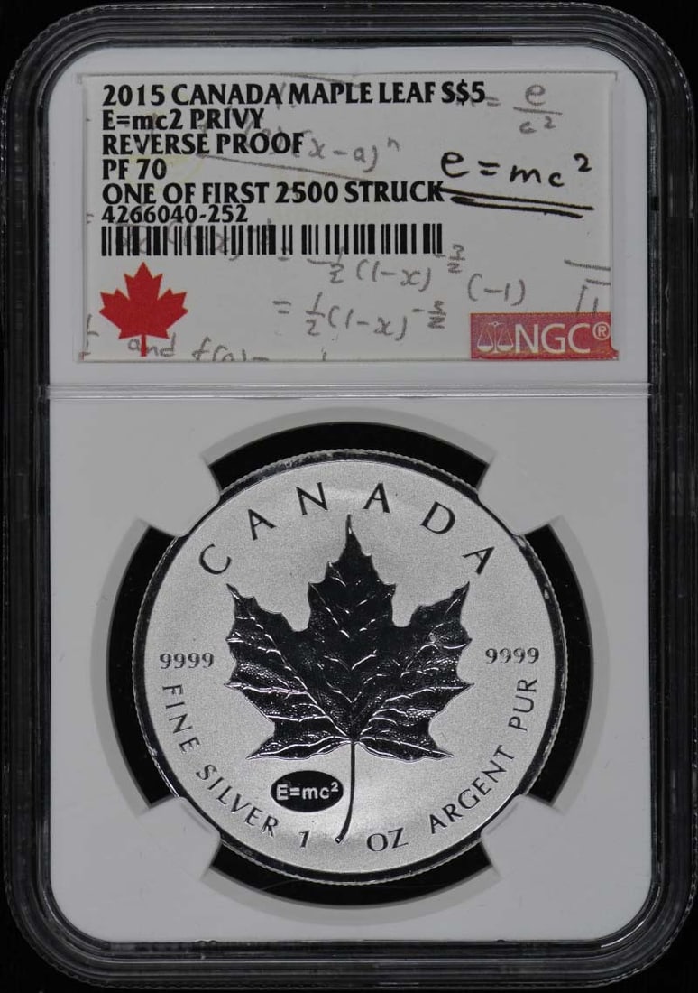 Canada 2015 Maple Leaf E mc2 Privy NGC RP70 S$5: Canada 2015 Maple Leaf E mc2 Privy NGC RP70 S$5 This is a 2015 Canada Maple Leaf $5 coin featuring the E=mc2 privy mark. The coin is graded RP70 by NGC and is in uncirculated condition. It originates 