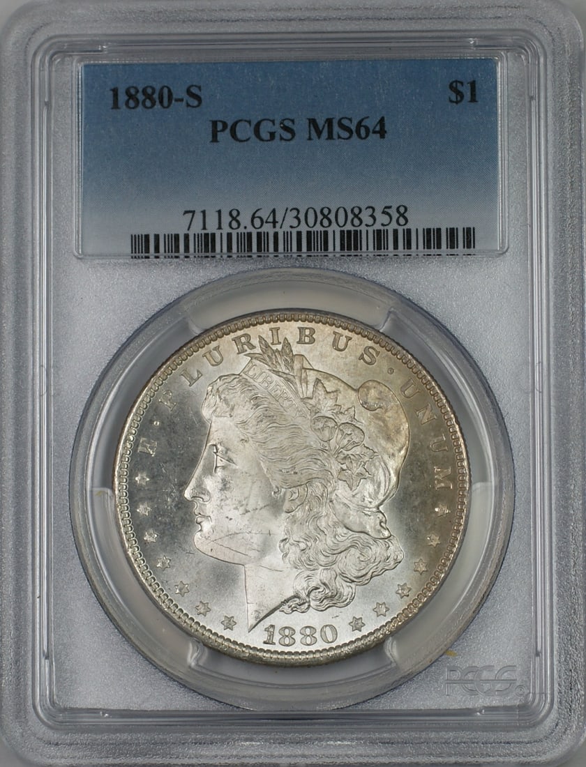 PCGS MS64 1880-S San Francisco Morgan Dollar Uncirculated Silver Coin: PCGS MS64 1880-S San Francisco Morgan Dollar Uncirculated Silver Coin This is an 1880-S Morgan Silver Dollar $1 coin graded MS-64 by PCGS. Minted in San Francisco, this uncirculated coin is composed o