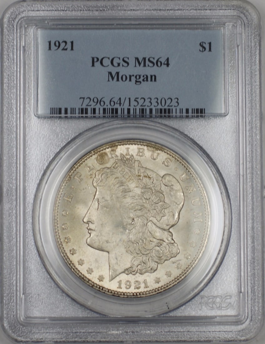 1921 Philadelphia Morgan Dollar Silver Coin PCGS MS-64: 1921 Philadelphia Morgan Dollar Silver Coin PCGS MS-64 This is a 1921 Morgan Silver Dollar $1 coin from the United States, minted in Philadelphia. It is certified by PCGS with a grade of MS-64, indica