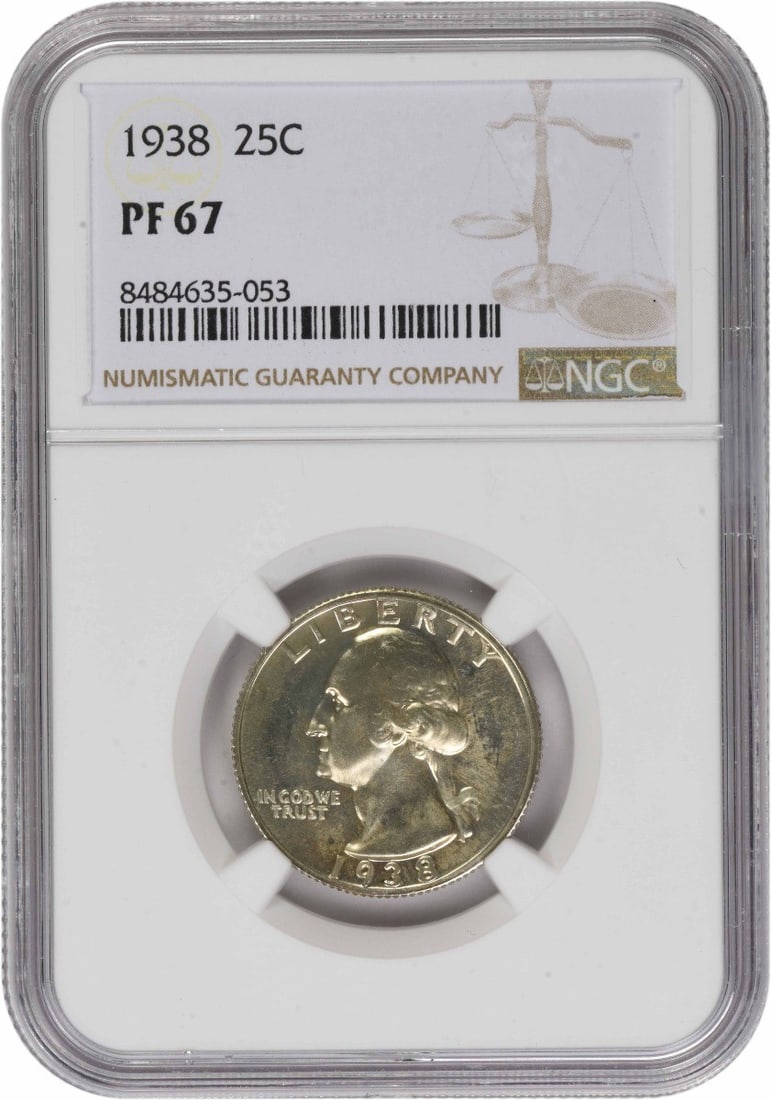 1938 Proof Washington Quarter 90% Silver PR67 Certified by NGC: 1938 Proof Washington Quarter 90% Silver PR67 Certified by NGC This 1938 Washington Quarter is a proof coin graded PR67 by NGC. Struck at the Philadelphia Mint, it is composed of 90% silver and 10% co