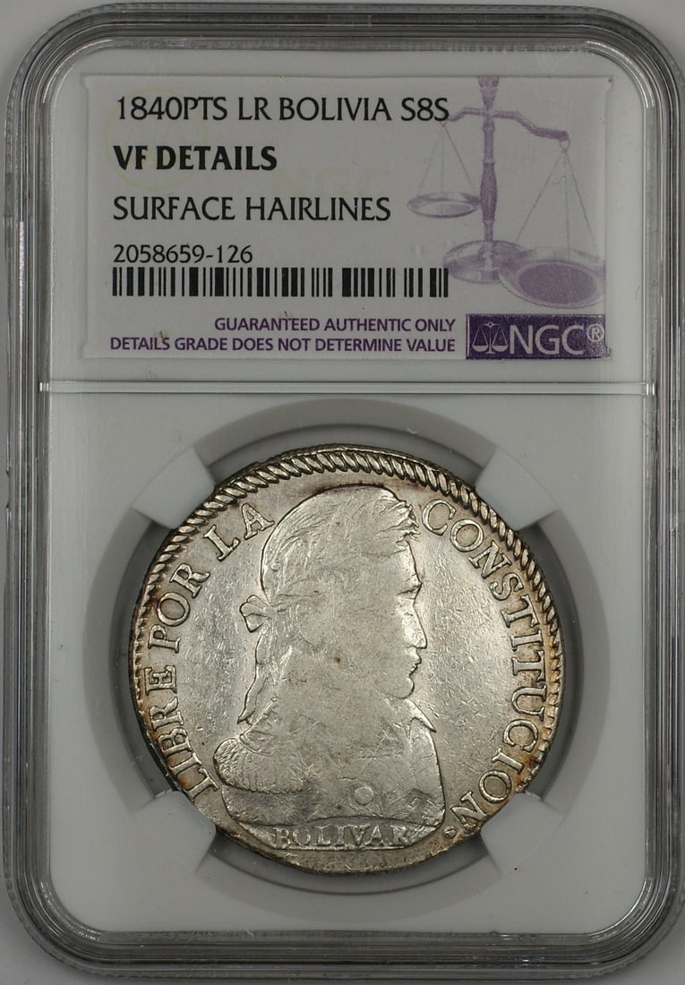 1840 Bolivia 8S Soles Silver Coin NGC VF Details Certified Example: 1840 Bolivia 8S Soles Silver Coin NGC VF Details Certified Example This is an 1840 Bolivia 8S Soles silver coin, certified by NGC with VF (Very Fine) Details. The coin is composed of silver and exhibi