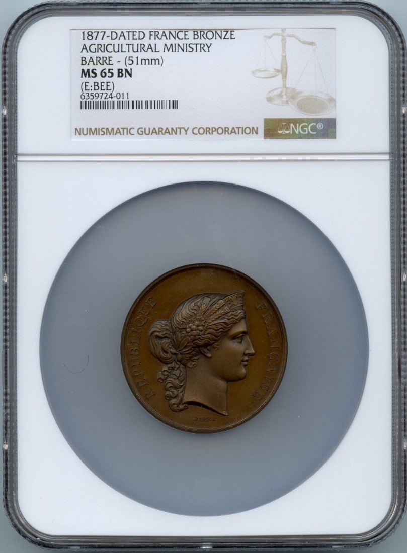 1877 France Bronze Agricultural Ministry Barre Coin NGC MS65BN Certified: 1877 France Bronze Agricultural Ministry Barre Coin NGC MS65BN Certified This exquisite 1877 France Bronze Agricultural Ministry Barre coin is in uncirculated condition, graded MS65 by NGC. With its i