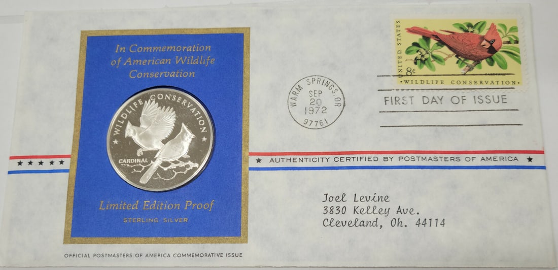 1972 Silver Proof Medal Cardinal with Stamp American Wildlife Conservation: 1972 Silver Proof Medal Cardinal with Stamp American Wildlife Conservation This 1972 American Wildlife Conservation Cardinal Silver Proof Medal with Stamp is a collectible item produced by Franklin Mi
