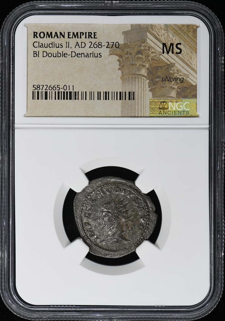 NGC MS Roman Empire Double Denarius Claudius II Coin: NGC MS Roman Empire Double Denarius Claudius II Coin This is a Roman Empire BI (billon) double-denarius coin from the reign of Claudius II, dated AD 268-270. The coin is NGC-certified with a Mint Stat