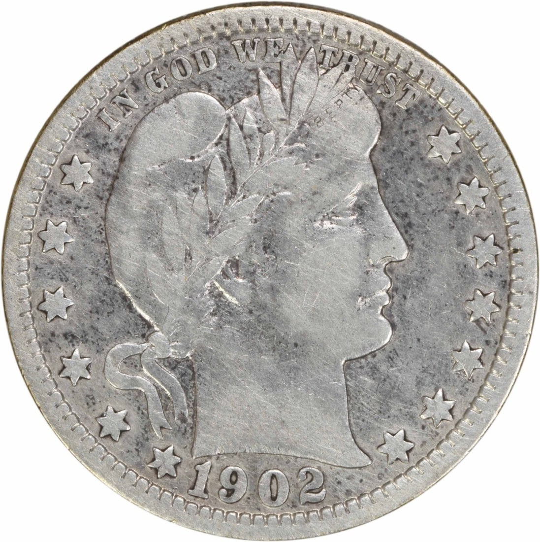 1902-O Barber Silver Quarter 25C VF Uncertified Coin: 1902-O Barber Silver Quarter 25C VF Uncertified Coin This 1902-O Barber Silver Quarter is a classic piece of American numismatics. Struck in 90% silver and 10% copper, this coin features the iconic de
