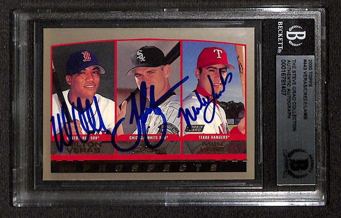 2000 Topps #443 Rookie Card Signed by Veras Crede Lamb Beckett Authenticated: 2000 Topps #443 Rookie Card Signed by Veras Crede Lamb Beckett Authenticated This is an original 2000 Topps #443 rookie card signed by MLB players Wilton Veras, Joe Crede, and Mike Lamb. The autograph