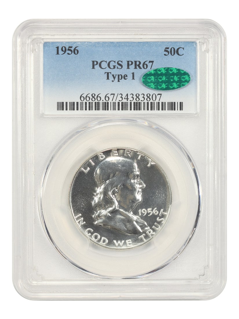 PCGS CAC PR67 1956 Franklin 50C Type 1 Half Dollar: PCGS CAC PR67 1956 Franklin 50C Type 1 Half Dollar This 1956 Franklin Half Dollar is a Type 1 proof coin, graded PR67 by PCGS and approved by CAC. It is uncirculated and was struck at the Philadelphia