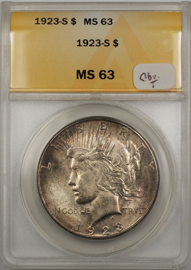 ANACS MS 63 1923-S Peace Dollar Silver Coin with Obverse Toning: ANACS MS 63 1923-S Peace Dollar Silver Coin with Obverse Toning This 1923-S Peace Silver Dollar features obverse toning and has been graded MS 63 by ANACS. Minted in San Francisco, the coin is compose