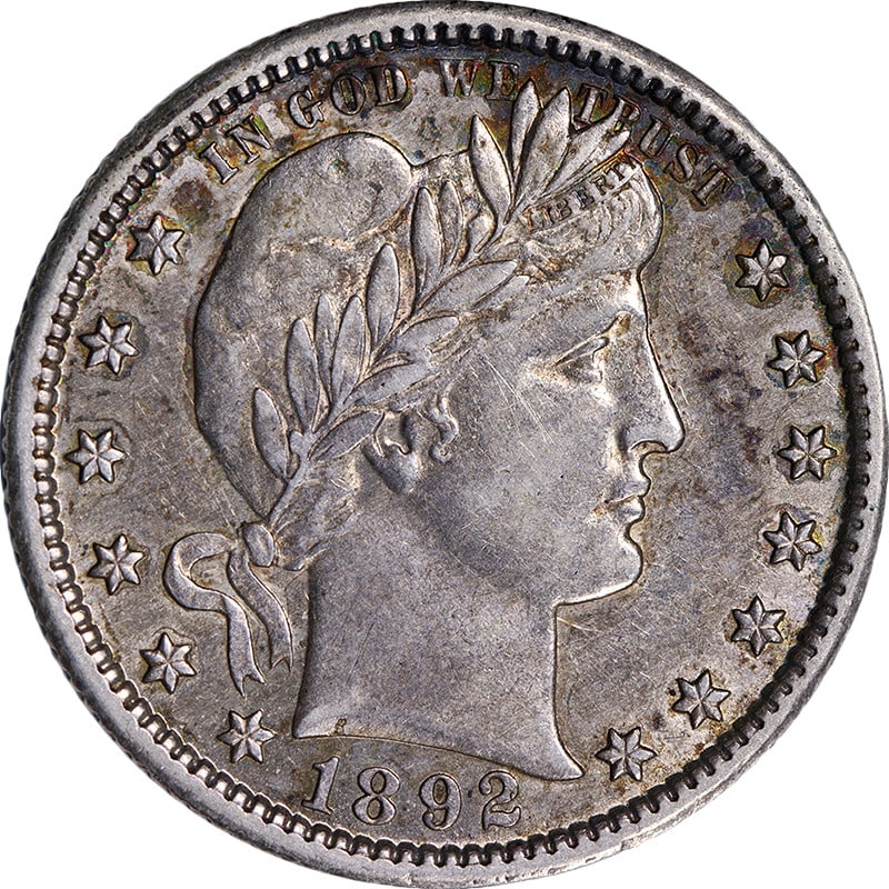 1892-O Barber Quarter AU/BU Silver Strong Strike Eye Appeal: 1892-O Barber Quarter AU/BU Silver Strong Strike Eye Appeal This 1892-O Barber Quarter showcases impressive eye appeal, featuring vibrant luster and a strong strike. With its attractive color and well