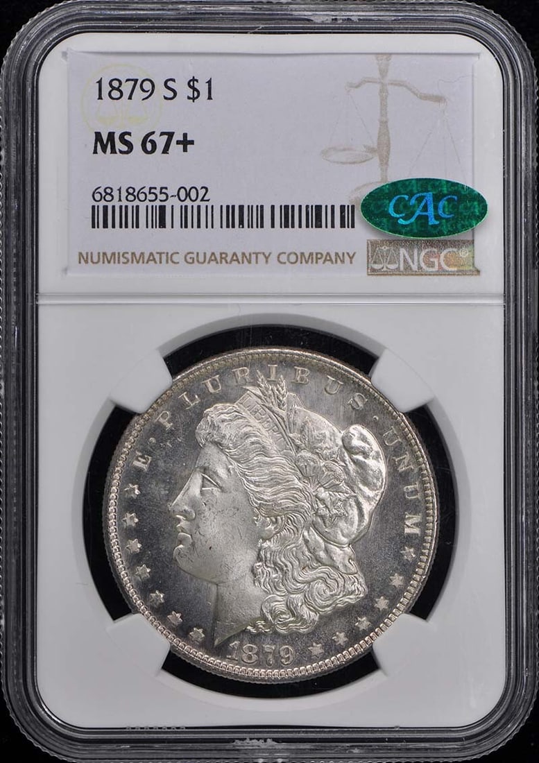 1879-S Morgan Dollar NGC MS67+ CAC Uncirculated Coin: 1879-S Morgan Dollar NGC MS67+ CAC Uncirculated Coin This 1879-S Morgan Dollar is a stunning example of American coinage, graded MS67+ by NGC with a CAC designation, ensuring its exceptional quality. 