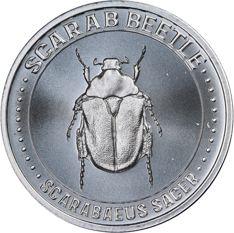1 oz Silver Scarab Beetle Coin by Intaglio Mint Uncirculated: 1 oz Silver Scarab Beetle Coin by Intaglio Mint Uncirculated This Intaglio Mint 1 ounce silver coin features a scarab beetle design. Struck in .999 fine silver, it is in uncirculated, mint state condi