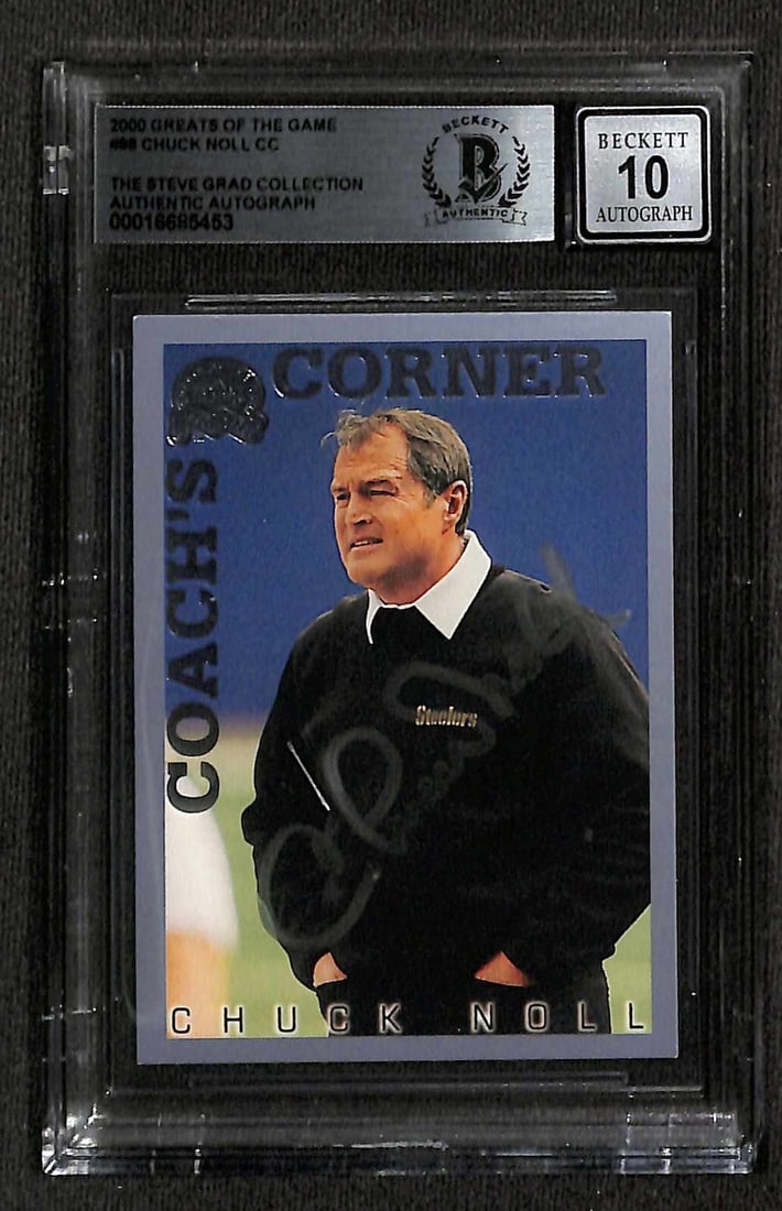 Chuck Noll Signed 2000 Greats of the Game Card Auto Grade 10 Beckett: Chuck Noll Signed 2000 Greats of the Game Card Auto Grade 10 Beckett This is a remarkable autographed sports trading card featuring Chuck Noll, the legendary head coach of the Pittsburgh Steelers and 