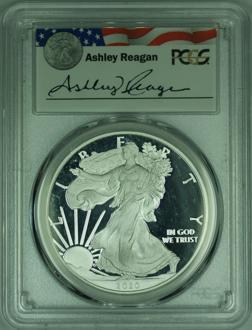 PCGS PR-69 2020-W Proof Silver Eagle 1 Oz Ashley Reagan Design: PCGS PR-69 2020-W Proof Silver Eagle 1 Oz Ashley Reagan Design This 2020-W Proof American Silver Eagle is a 1 oz silver coin graded PR-69 DCAM by PCGS. Minted at West Point, it features a proof strike