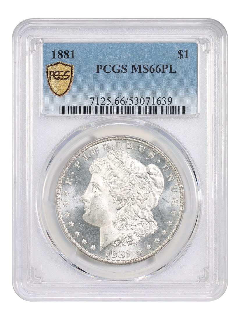 1881 Philadelphia Morgan Dollar PCGS MS66PL: 1881 Philadelphia Morgan Dollar PCGS MS66PL This 1881 Morgan Dollar is graded MS66PL by PCGS and is uncirculated. It features brilliant luster, fully contrasted fields, and crisp definition, with fros