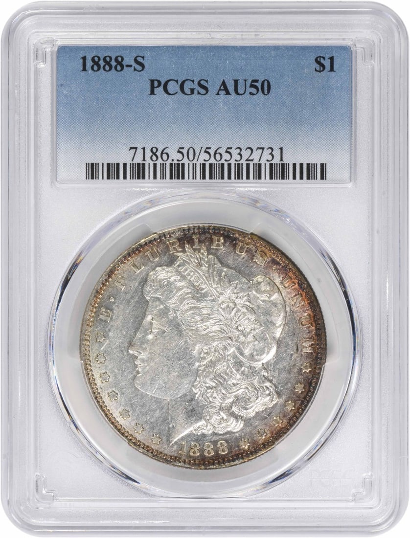 AU50 Graded 1888 San Francisco Morgan Dollar Certified by PCGS: AU50 Graded 1888 San Francisco Morgan Dollar Certified by PCGS This 1888-S Morgan Silver Dollar is graded AU50 by PCGS. Minted in San Francisco, it features a composition of 90% silver and 10% copper.