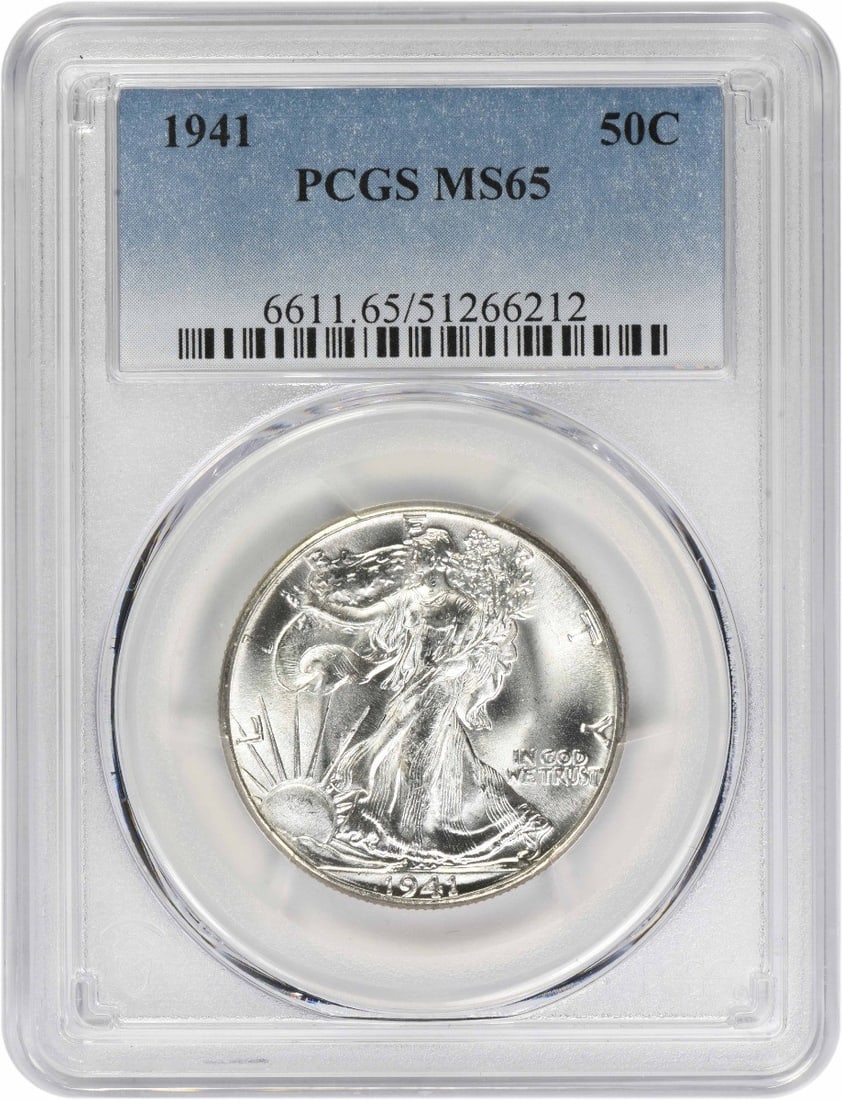 PCGS MS65 1941 Liberty Walking Half Dollar 90 Percent Silver Coin: PCGS MS65 1941 Liberty Walking Half Dollar 90 Percent Silver Coin This 1941 Walking Liberty Half Dollar is graded MS65 by PCGS, indicating an uncirculated coin of high quality. Minted in Philadelphia,