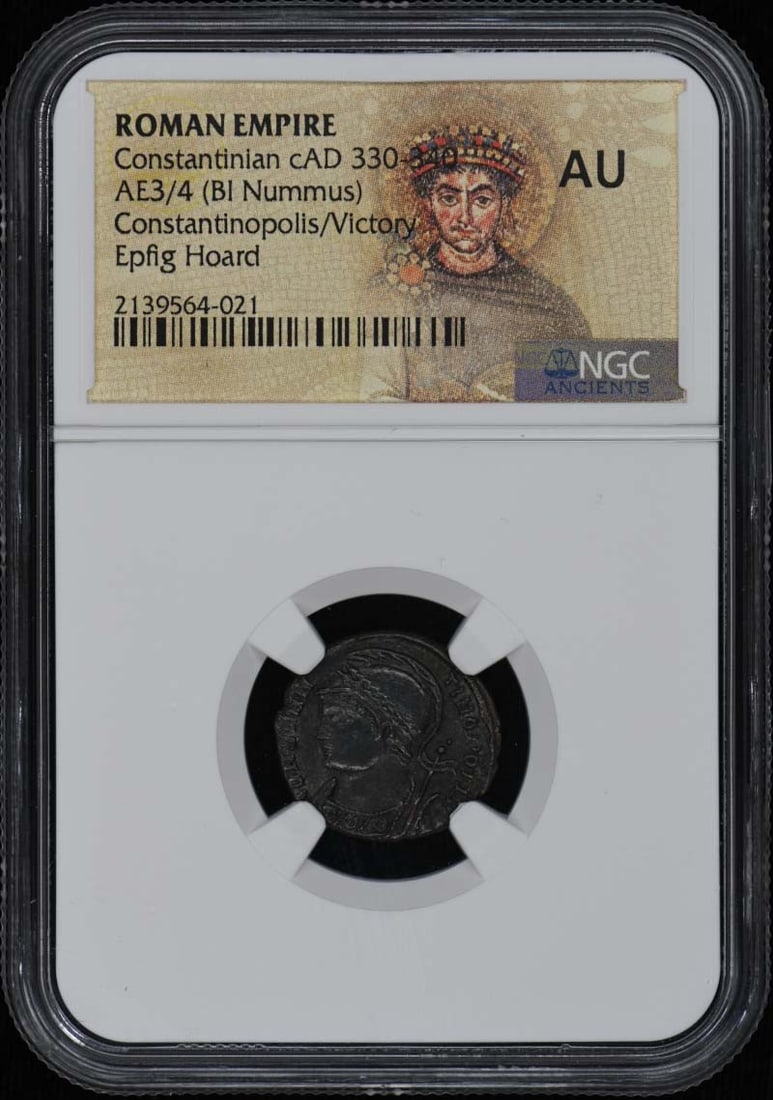 Roman Empire AE3/4 BI Nummus Coin cAD 330-340 NGC AU50 Certified: Roman Empire AE3/4 BI Nummus Coin cAD 330-340 NGC AU50 Certified This is a Constantinian Roman Empire AE3/4 (BI Nummus) coin dating from circa AD 330-340. The coin has been certified by NGC with a gra