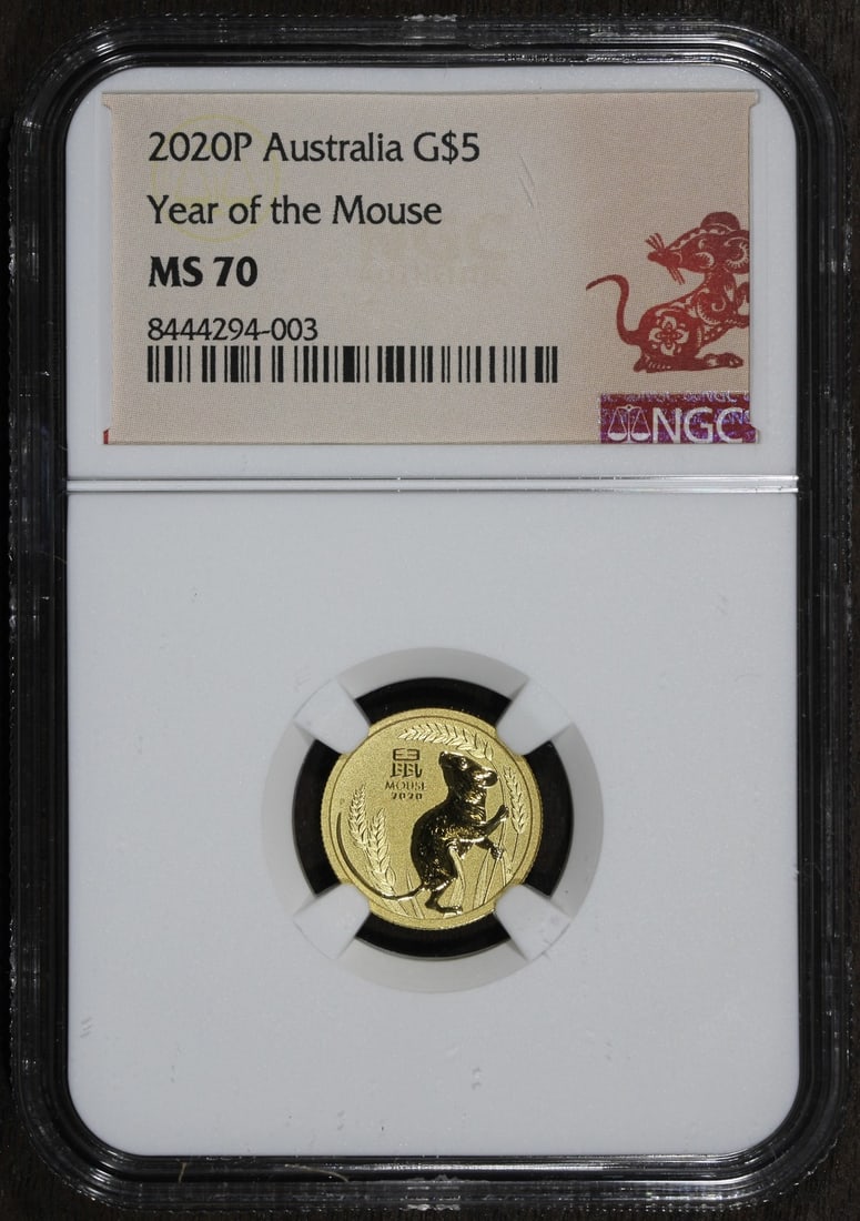 2020-P Australia Lunar Mouse 1 10 oz Gold $5 NGC MS70: 2020-P Australia Lunar Mouse 1 10 oz Gold $5 NGC MS70 This 2020 Australian Lunar Series coin celebrates the Year of the Mouse. Struck by The Perth Mint, it contains 1/10 oz of 0.9999 fine gold and has