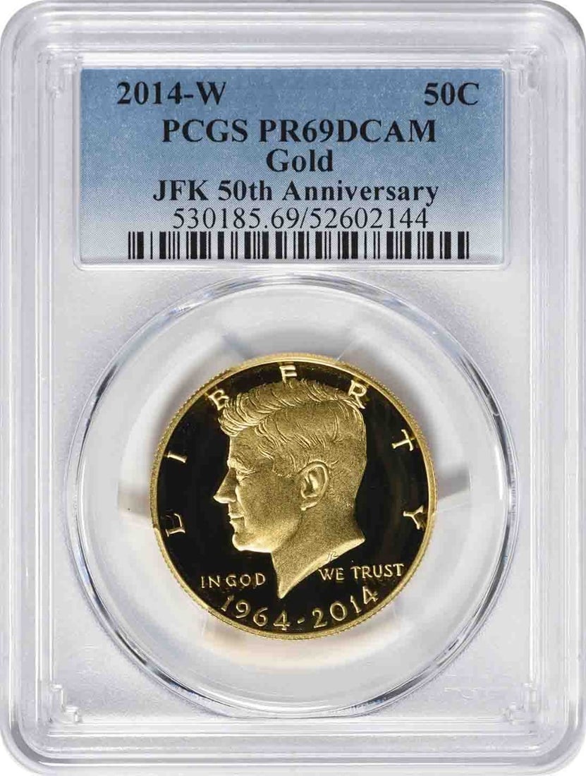 PCGS PR69DCAM 2014-W Kennedy Gold Half Dollar 50th Anniversary: PCGS PR69DCAM 2014-W Kennedy Gold Half Dollar 50th Anniversary This 2014-W Kennedy Gold Half Dollar commemorates the 50th anniversary of the Kennedy half dollar series. Struck in proof quality at the 