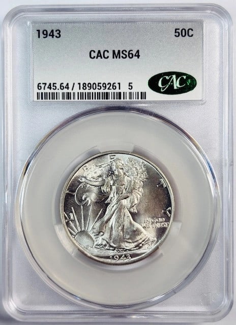 CAC Certified 1943 Silver Walking Liberty Half Dollar MS 64: CAC Certified 1943 Silver Walking Liberty Half Dollar MS 64 This 1943 Walking Liberty Half Dollar is certified by CAC and graded MS 64. Composed of silver, this pre-owned coin originates from the USA 