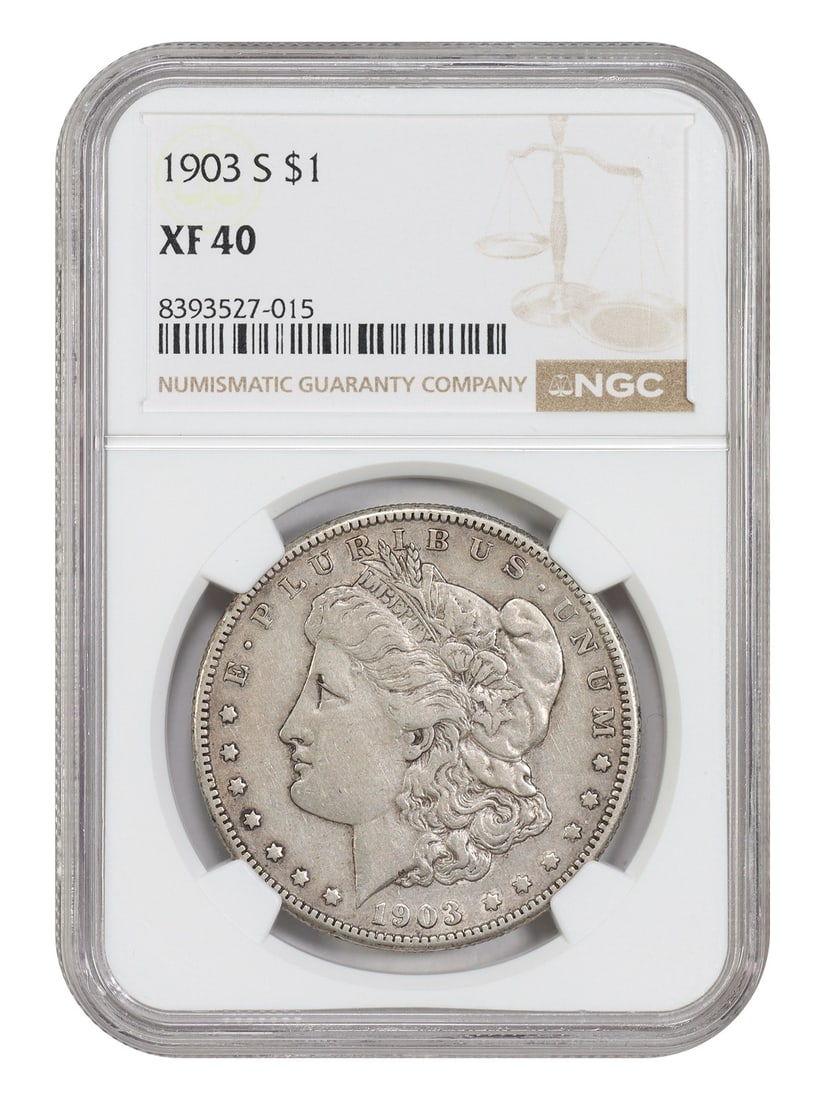 NGC XF40 1903-S Morgan Silver Dollar Scarce San Francisco Issue: NGC XF40 1903-S Morgan Silver Dollar Scarce San Francisco Issue This 1903-S Morgan Dollar is a circulated coin graded XF40 by NGC. Recognized as a scarce date in the Morgan Dollar series, it was minte