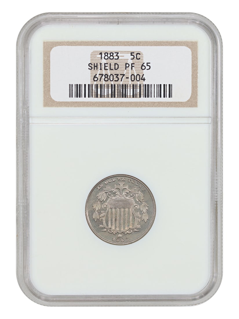 1883 Proof Shield Nickel NGC PR65: 1883 Proof Shield Nickel NGC PR65 This 1883 Shield Nickel is a proof type coin graded PR65 by NGC. Struck in Philadelphia, it is part of a limited mintage of 5,419 coins. The coin is uncirculated and 