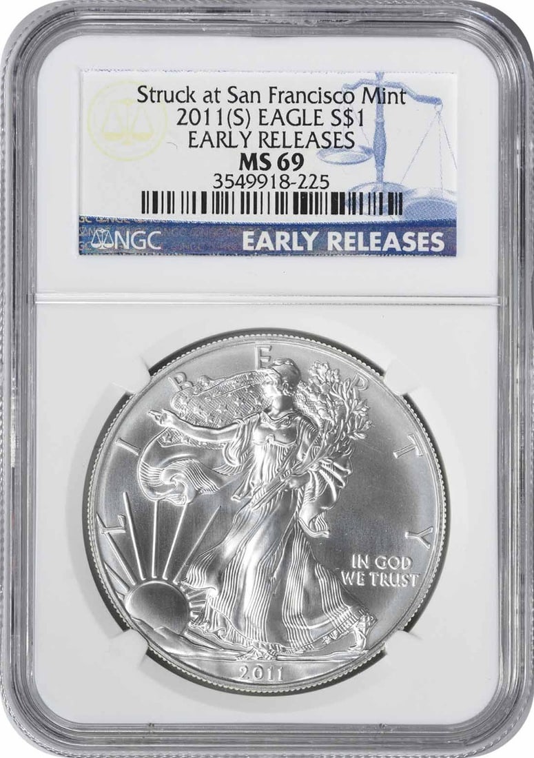 NGC MS69 2011 S American Silver Eagle Dollar Early Release: NGC MS69 2011 S American Silver Eagle Dollar Early Release This 2011-(S) American Silver Eagle Dollar features a fineness of 0.999 silver and contains 1 oz of precious metal. Graded MS69 by NGC as an 