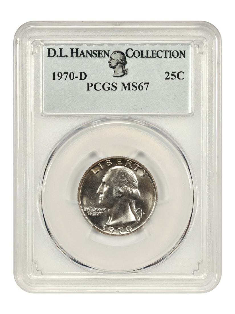 1970 Denver Washington Quarter PCGS MS67 Satiny Finish ex D.L. Hansen: 1970 Denver Washington Quarter PCGS MS67 Satiny Finish ex D.L. Hansen This 1970-D Washington Quarter features a satiny luster and has been graded MS67 by PCGS. It is an uncirculated coin from the Denv