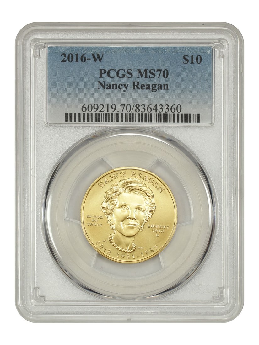 PCGS MS70 2016-W $10 Nancy Reagan First Spouses Gold Coin: PCGS MS70 2016-W $10 Nancy Reagan First Spouses Gold Coin This is a 2016-W $10 Nancy Reagan gold bullion coin from the First Spouses series. Graded MS70 by PCGS, it is in uncirculated condition and wa