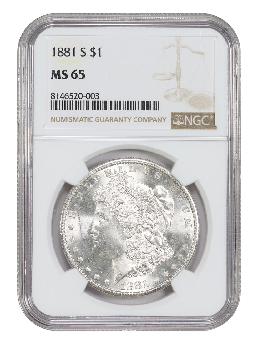 NGC MS65 1881 San Francisco Morgan Silver Dollar Uncirculated: NGC MS65 1881 San Francisco Morgan Silver Dollar Uncirculated This 1881-S Morgan Dollar is a popular collector's coin, certified by NGC with a grade of MS65. Struck at the San Francisco Mint, it is re